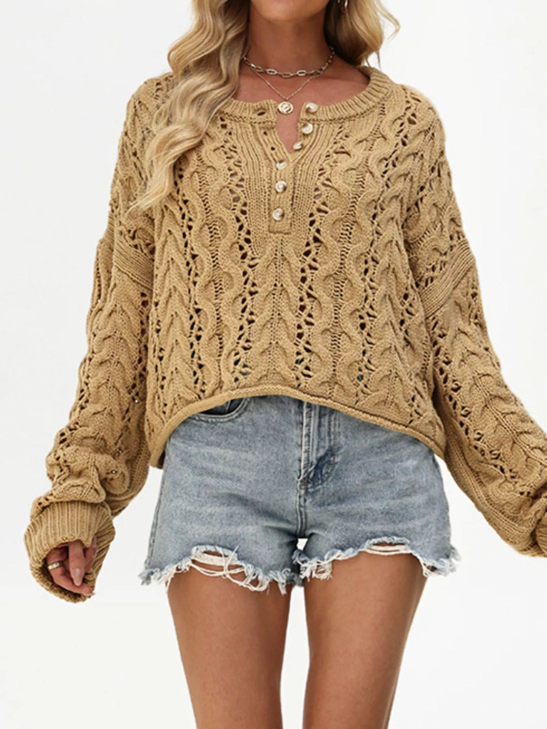 Khaki Openwork cable knit henley sweater with drop shoulders