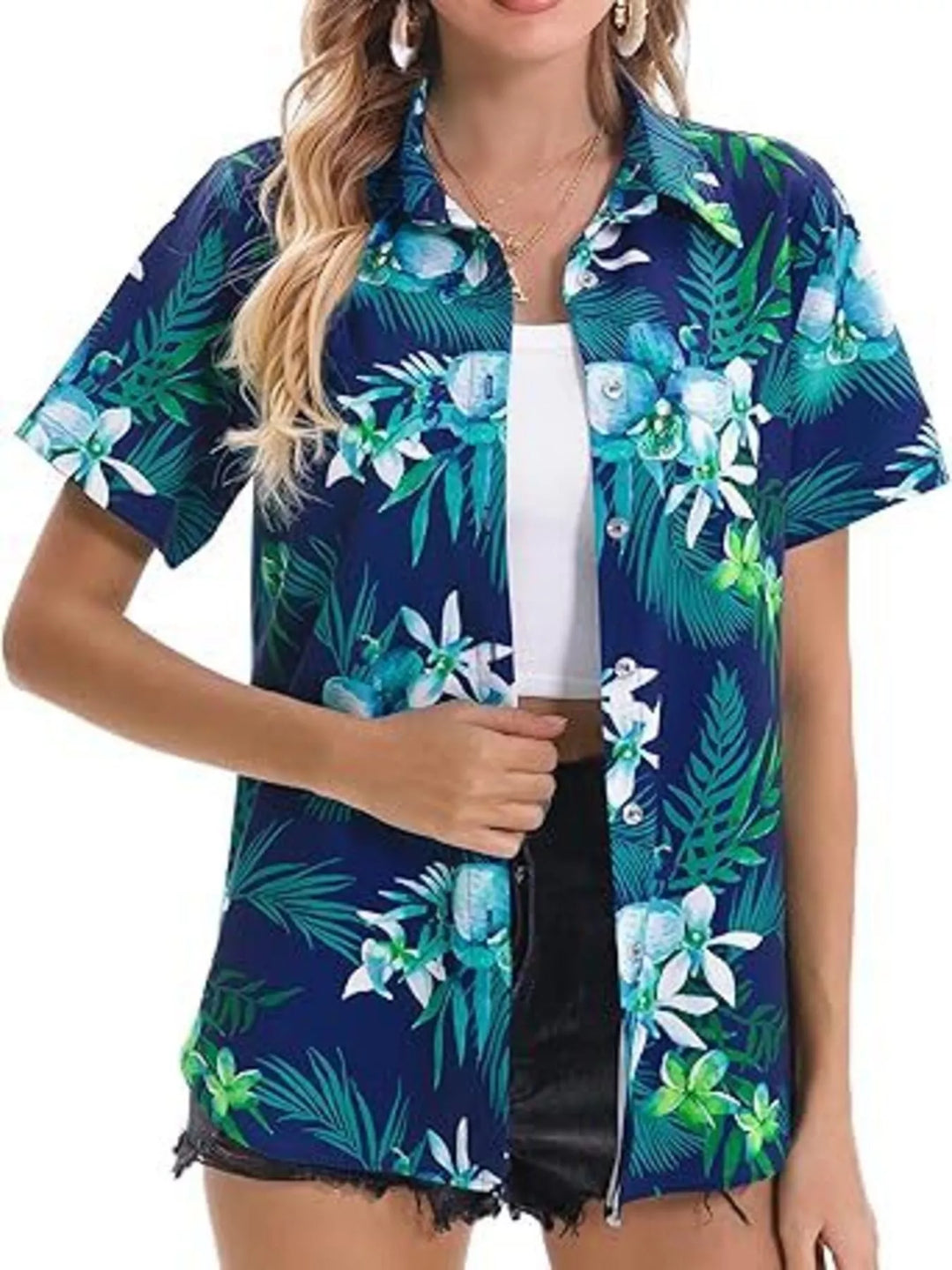 Tropical hibiscus print short sleeve button-up shirt