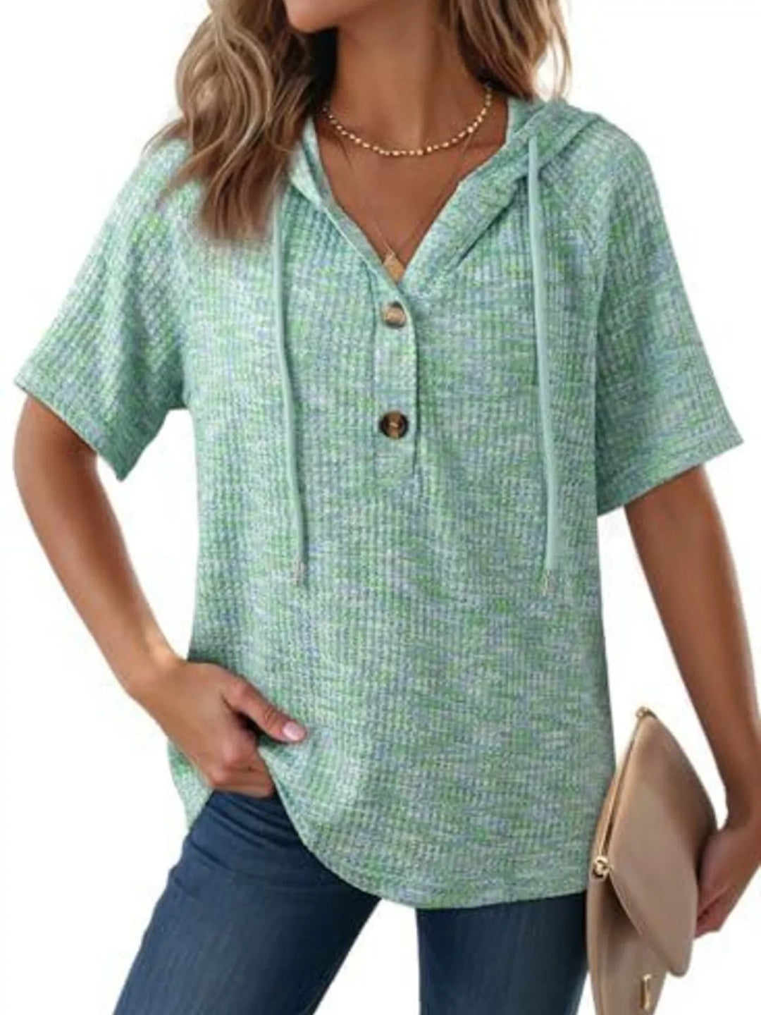 Green Waffle knit hoodie top with button placket and drawstring