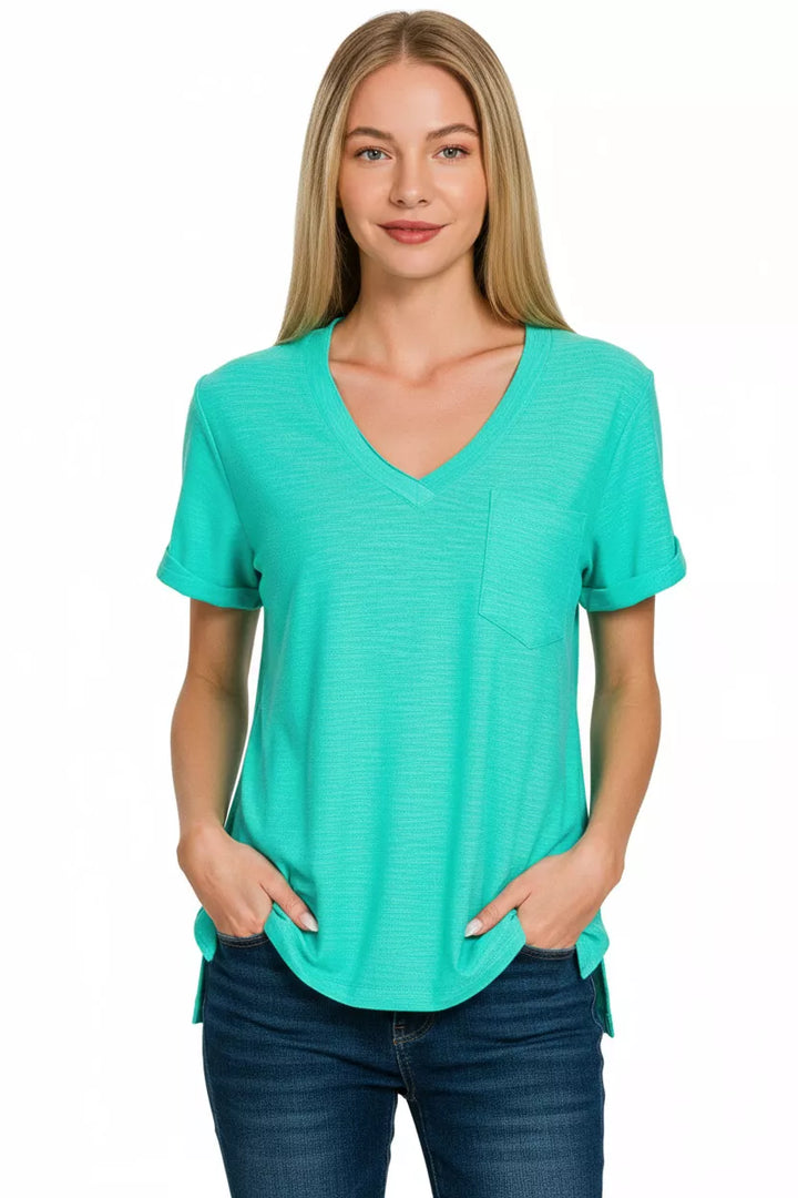 Slub knit rolled-sleeve v-neck tee with chest pocket