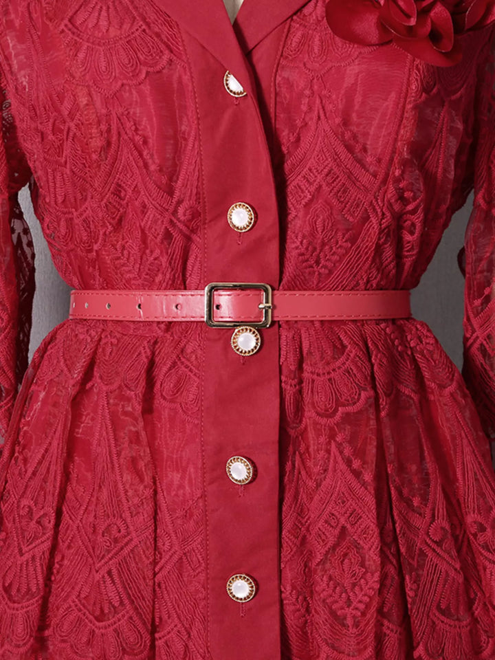 Belted lace button-front midi dress with notched collar