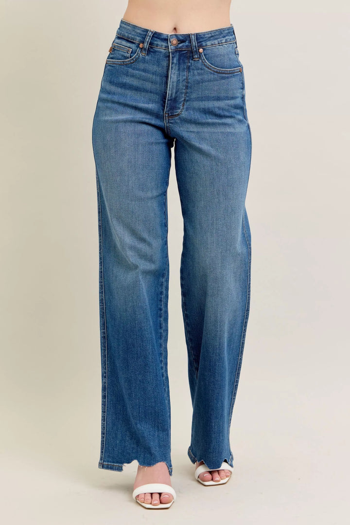 High-rise tummy control wide leg jeans with raw chewed hem