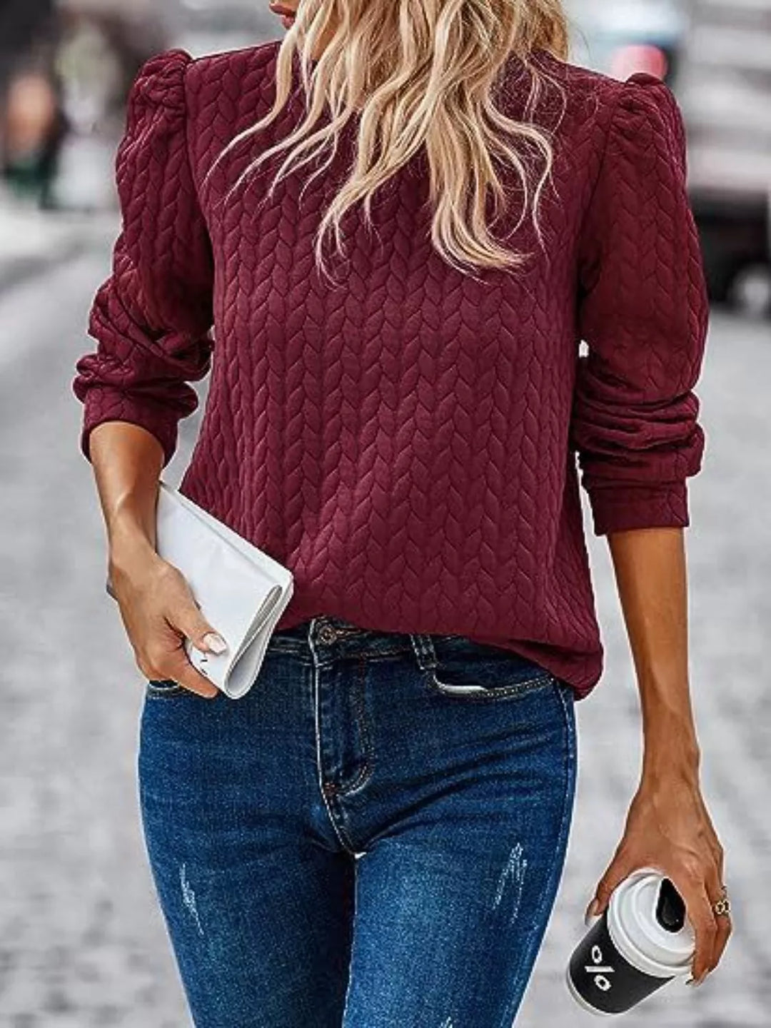 Textured cable-knit puff sleeve pullover top