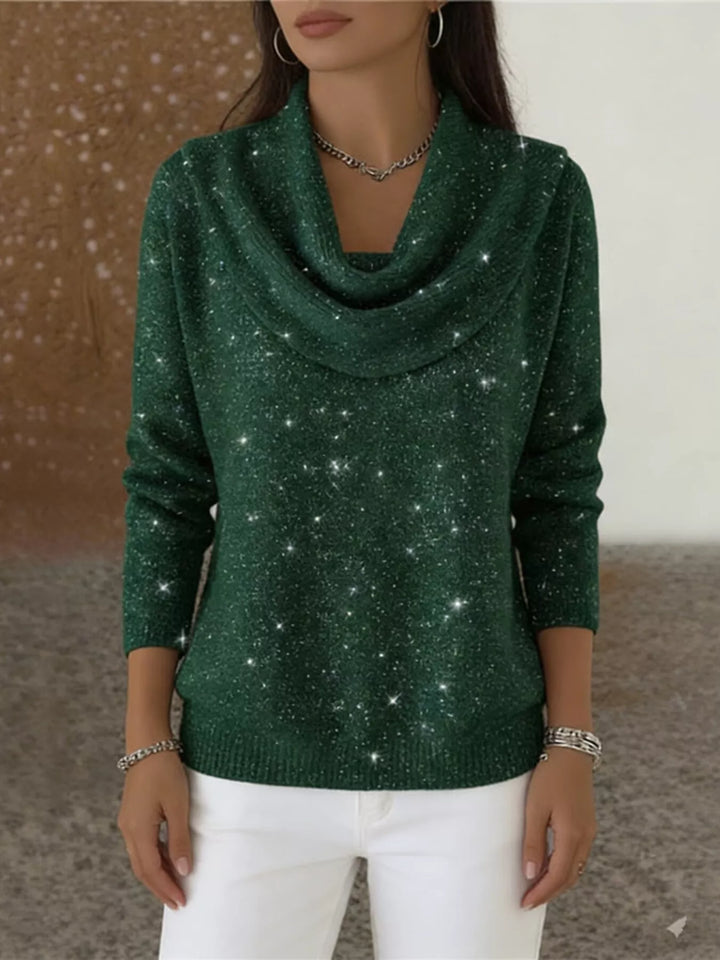Green Metallic ribbed knit cowl neck sweater with curved hem