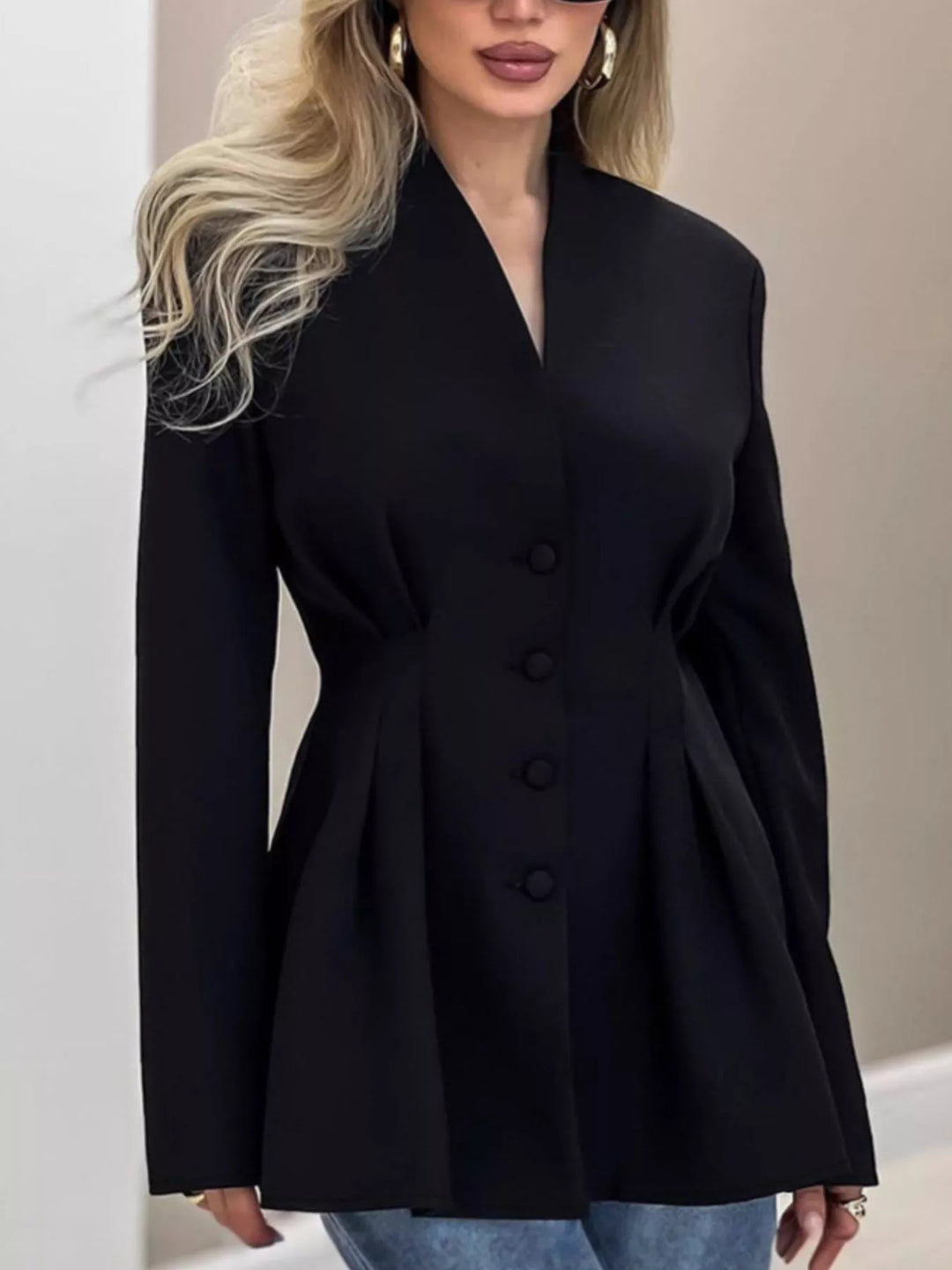Black Collarless button-front jacket with cinched pleated waist