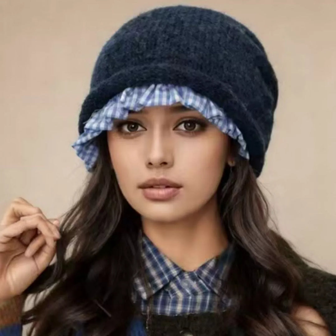 Blue Gingham ruffle trim knit bucket hat with soft brim