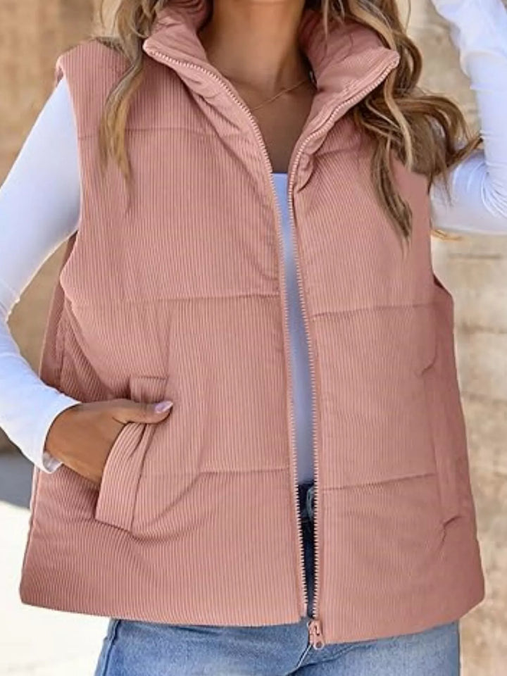 Corduroy stand collar zip-up puffer vest