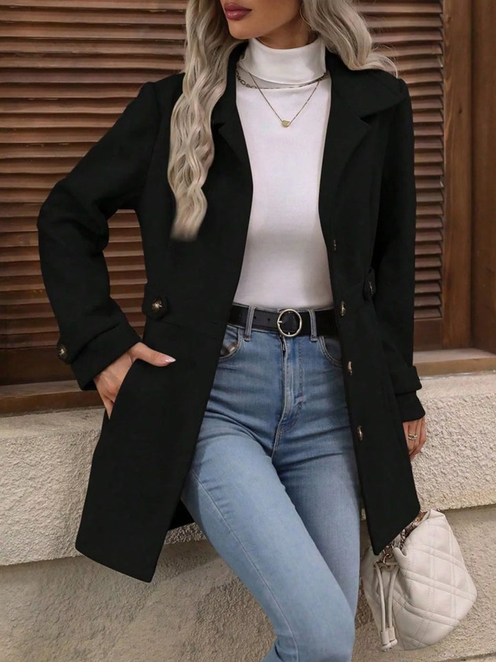 Black Single-breasted lapel coat with waist tabs and pockets