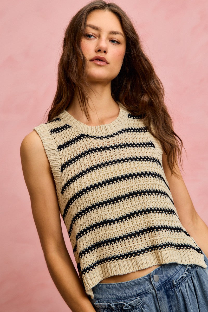 Striped low-gauge knit sleeveless sweater top