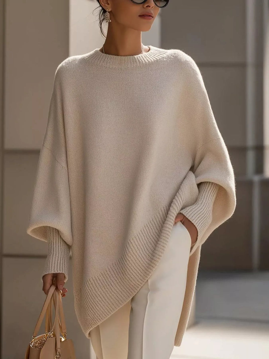 Beige Batwing sleeve oversized sweater with asymmetric hem