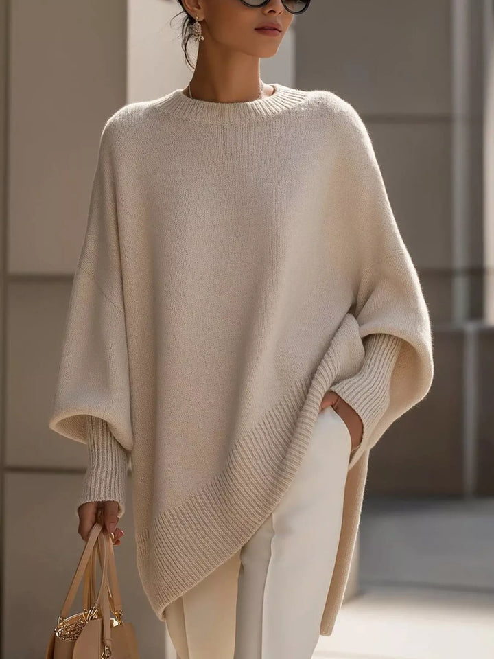 Beige Batwing sleeve oversized sweater with asymmetric hem