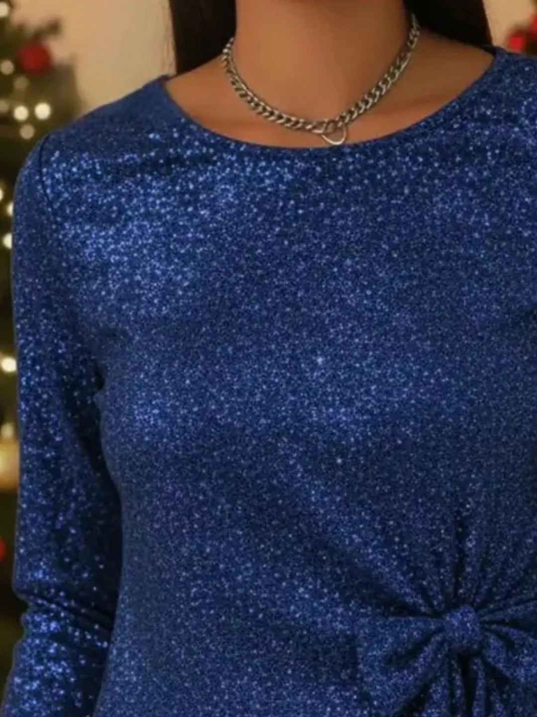 Sequin long sleeve top with side bow-knot tie