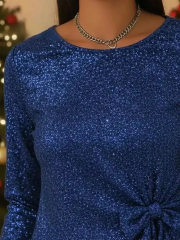 Sequin long sleeve top with side bow-knot tie