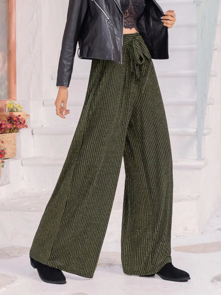 Striped wide-leg pants with drawstring tie waist