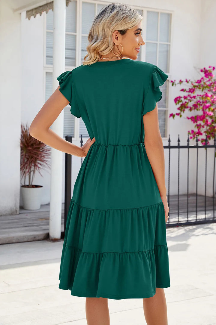 Flutter sleeve tiered midi dress with notched V-neck