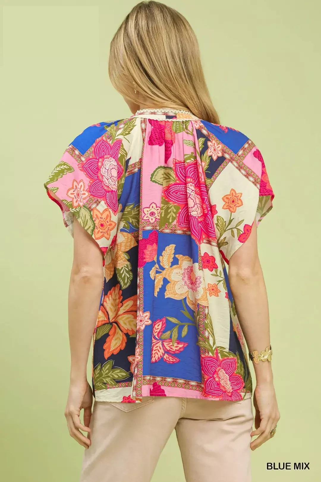 Floral patchwork tassel-tie top with lace trim