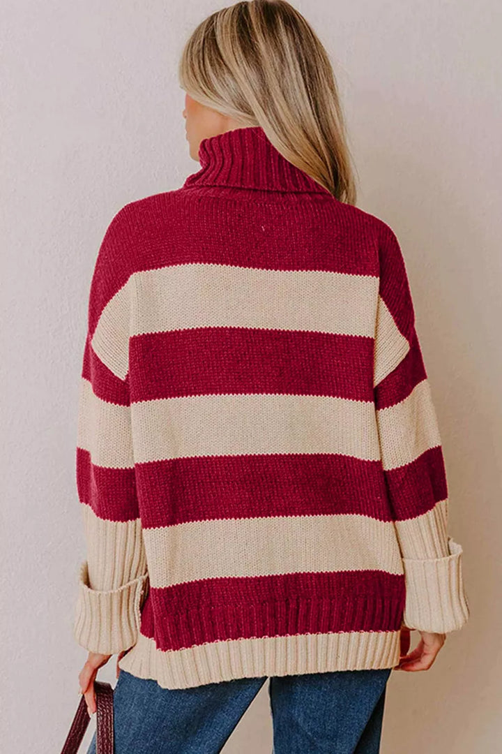 Striped turtleneck sweater with wide ribbed cuffs