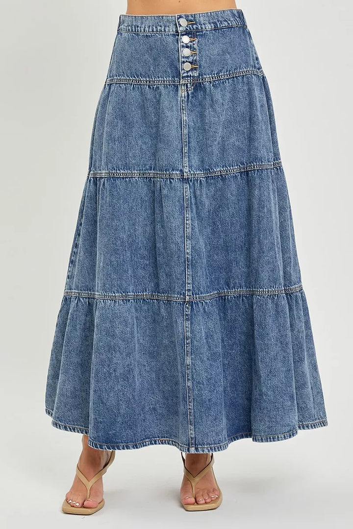 MEDIUM High-rise tiered denim maxi skirt with button front