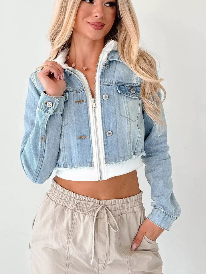 Distressed cropped hooded denim jacket with zip front