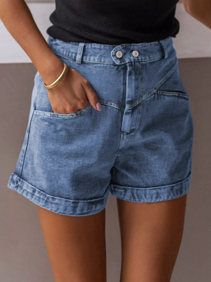 High-rise cuffed denim shorts with double-button waist