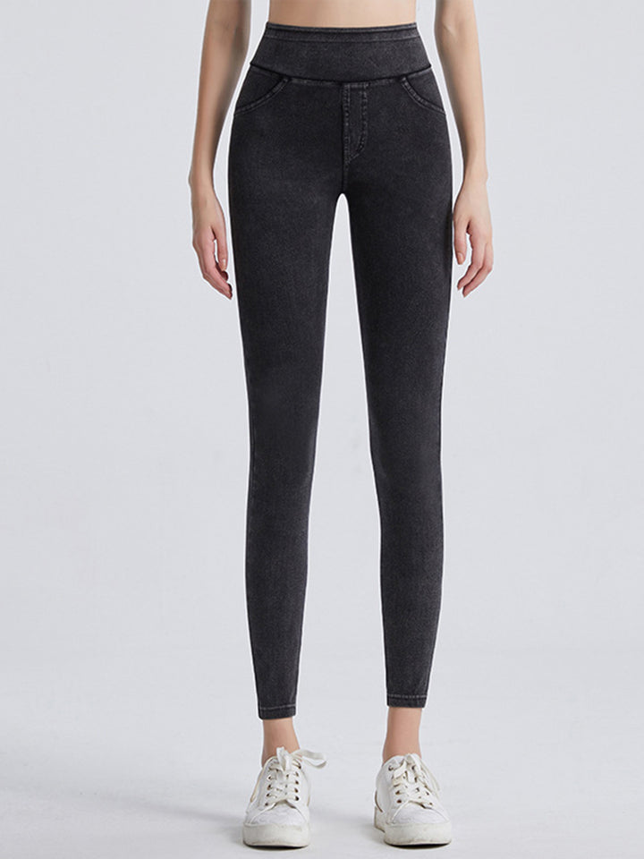 Charcoal High-waist denim-look sports leggings with faux pockets