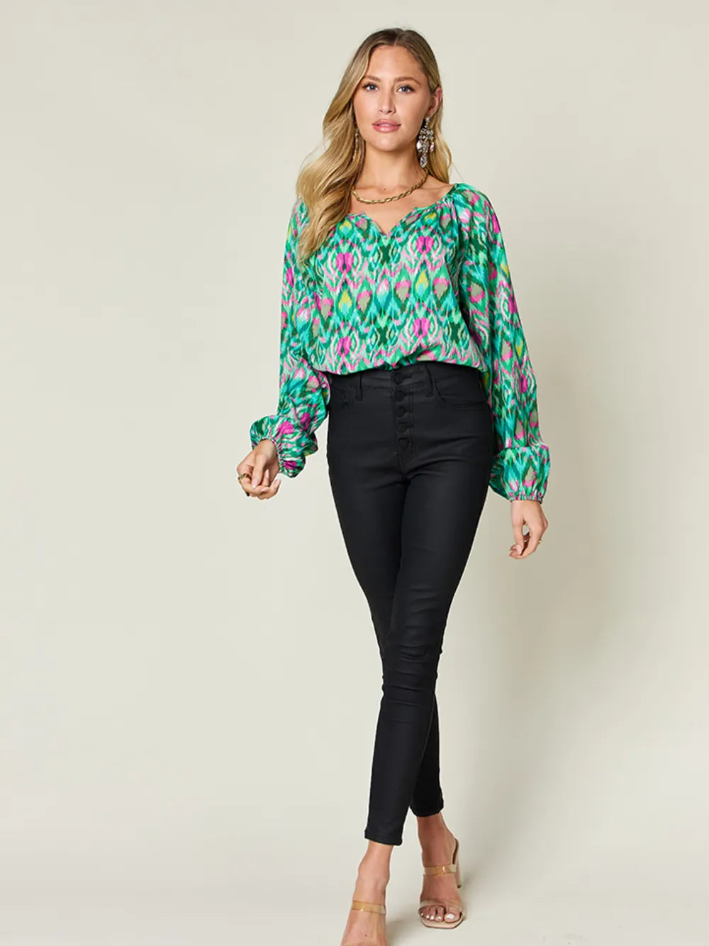 Abstract print balloon sleeve blouse with split neck