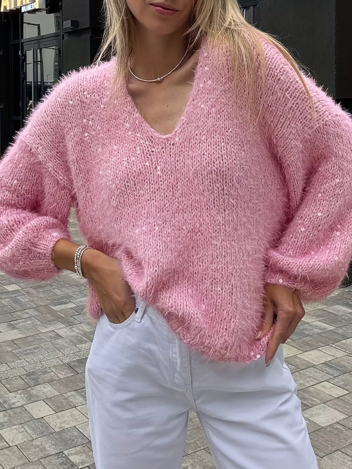 Pink Fuzzy sequin knit V-neck pullover sweater