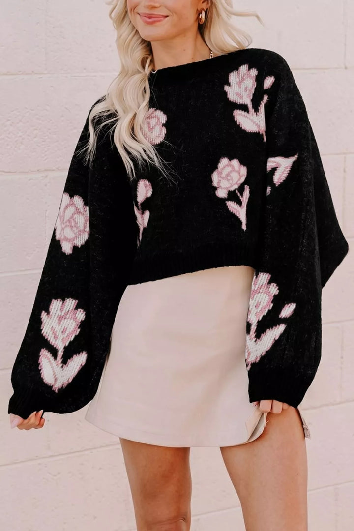 Black Floral jacquard puff sleeve cropped pullover sweater