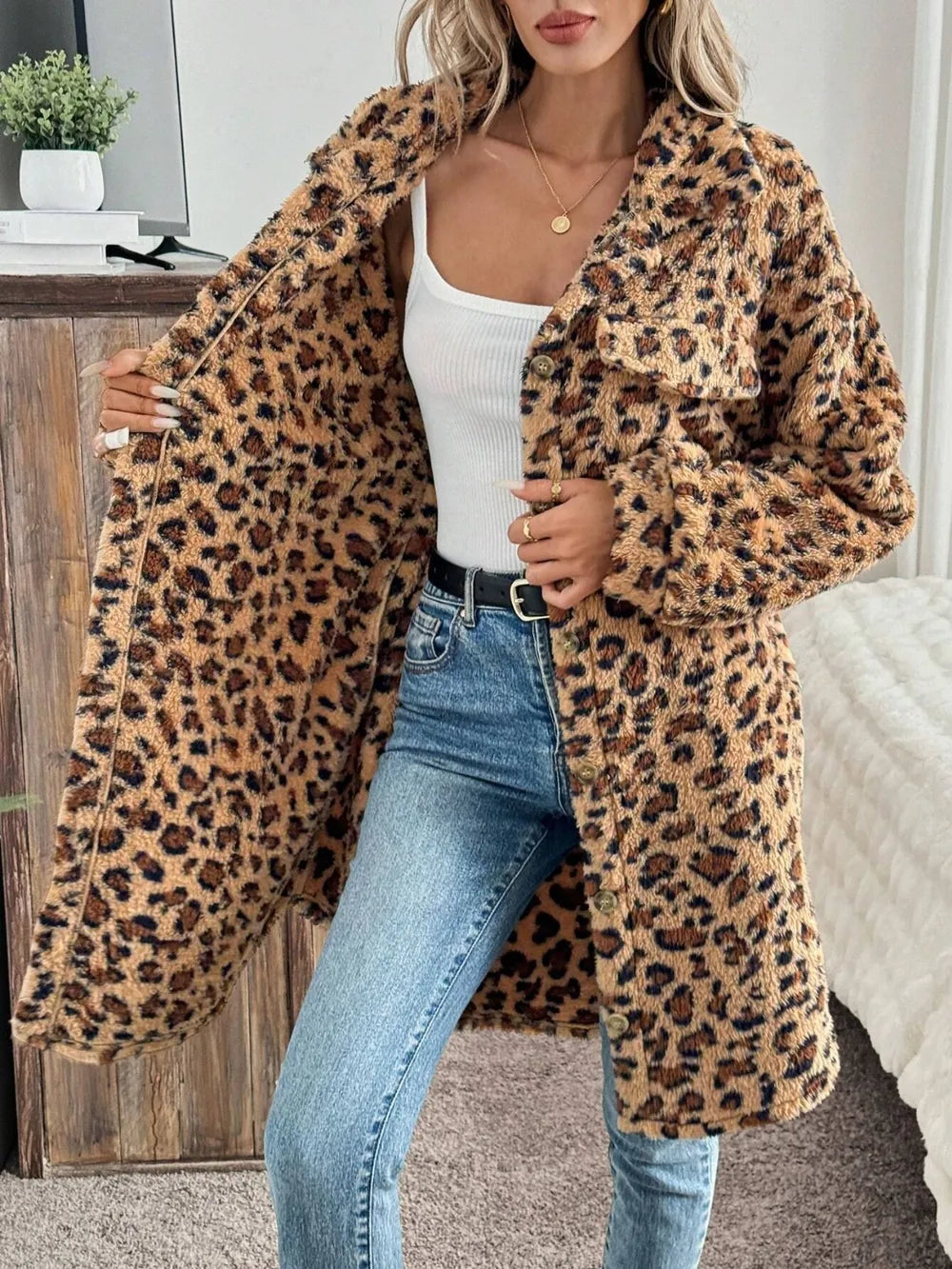 Leopard fuzzy fleece button-up longline coat