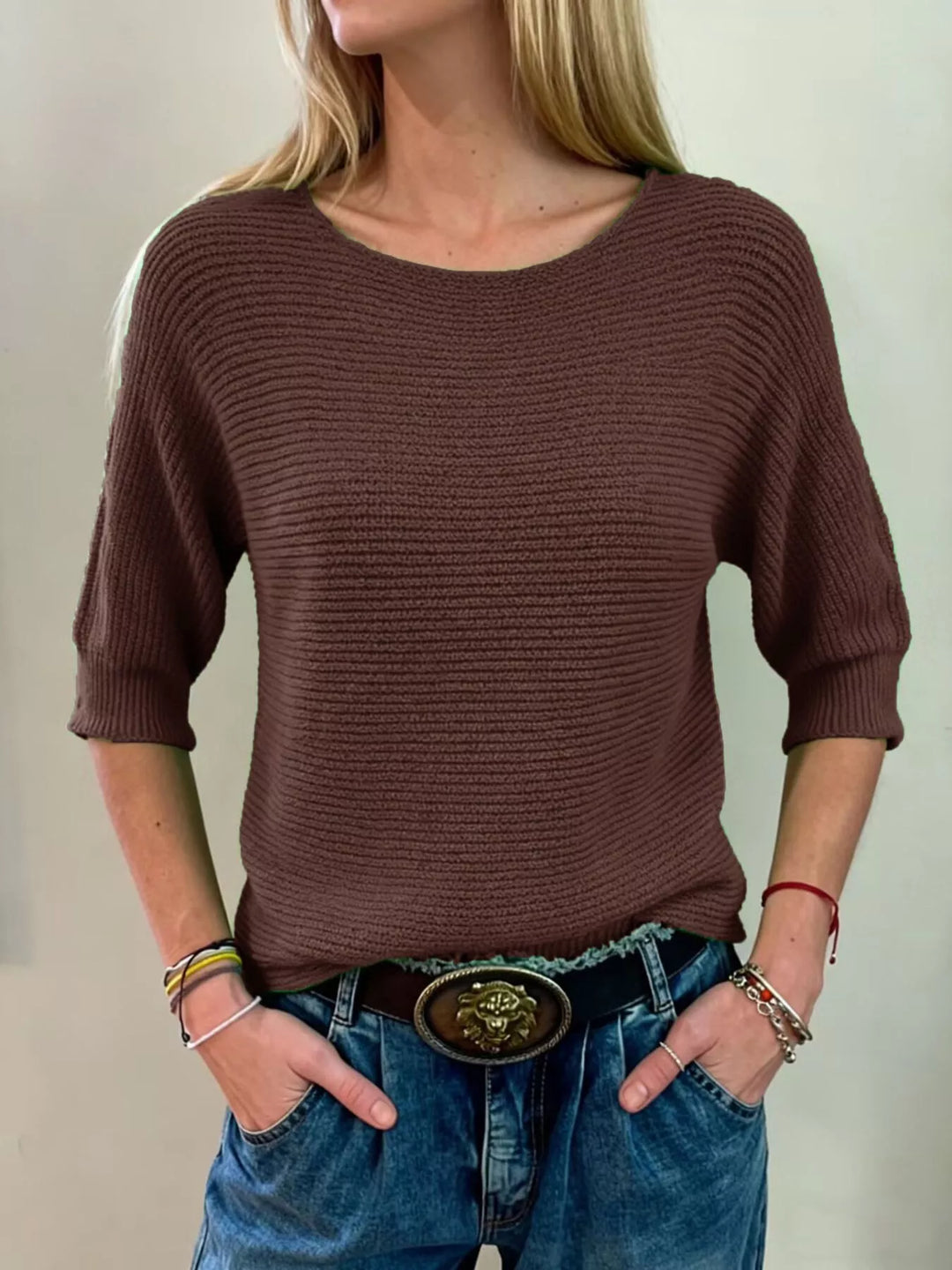 Coffee Brown Ribbed knit round neck sweater with dolman sleeves