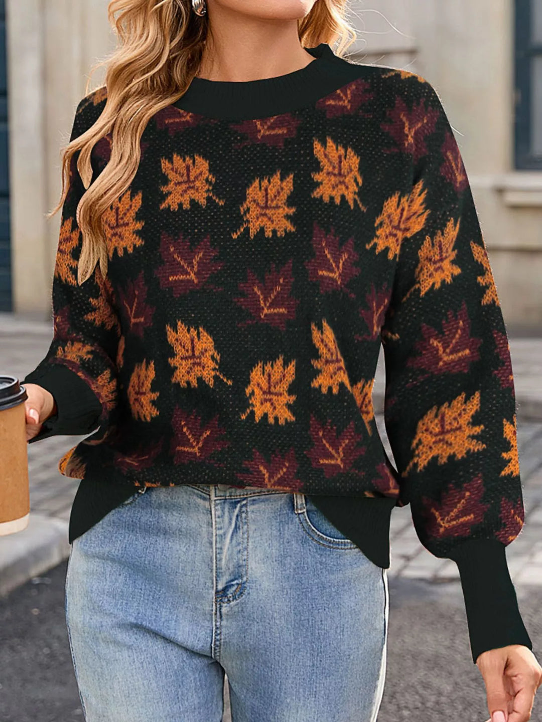 Maple leaf jacquard knit mock neck sweater