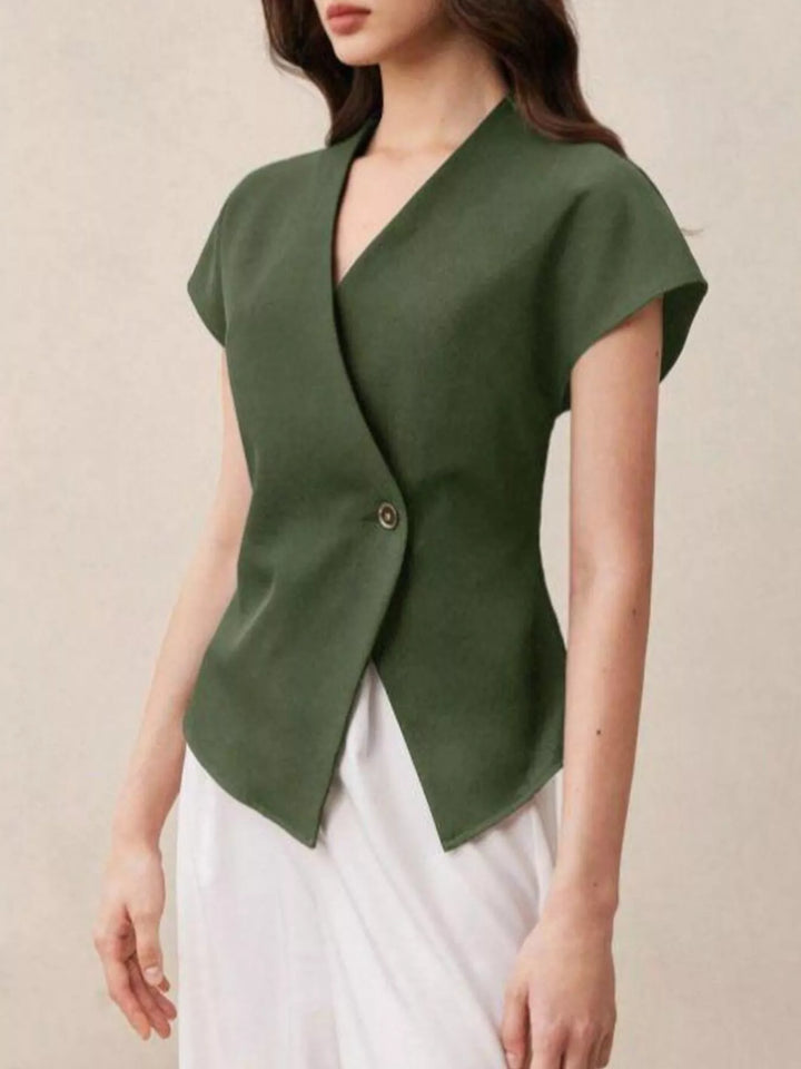 Wrap-front cap sleeve blouse with single wooden button