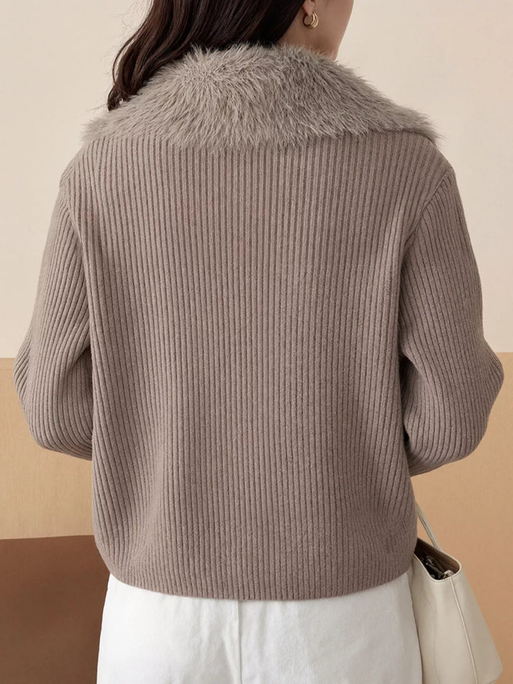Ribbed knit zip-up cardigan with fluffy faux fur trim