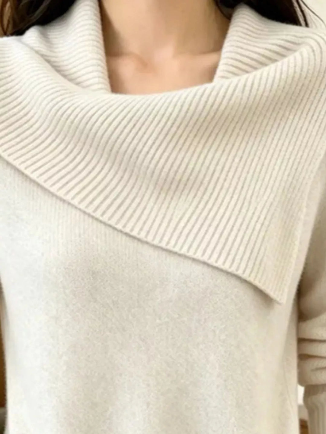 Asymmetric foldover ribbed collar knit pullover sweater