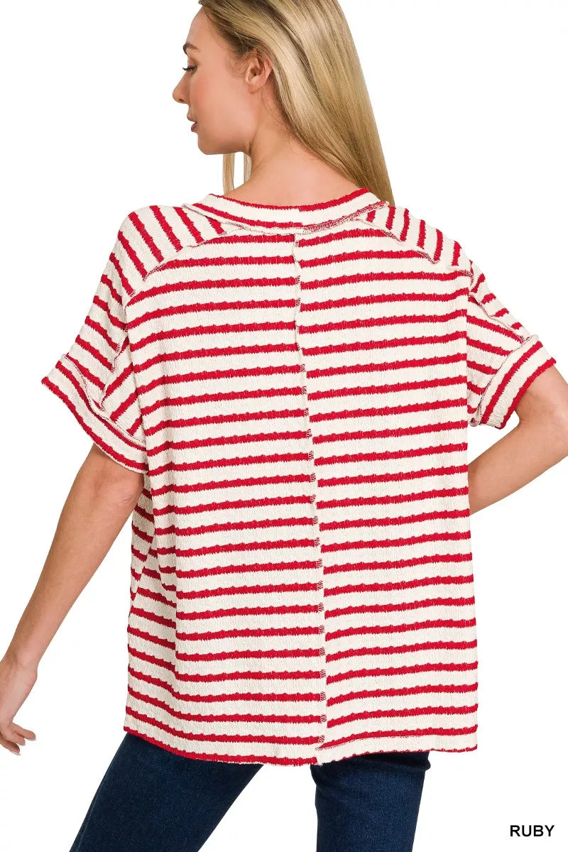 Textured stripe jacquard round neck tee with cuffed sleeves