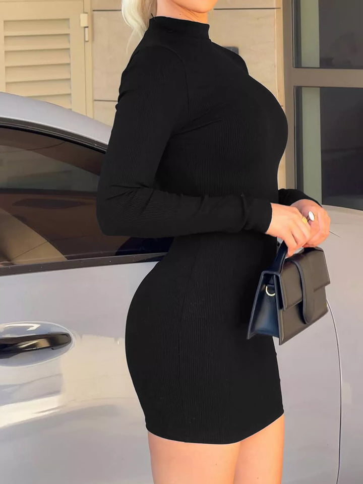 Mock neck ribbed knit bodycon mini dress with long sleeves