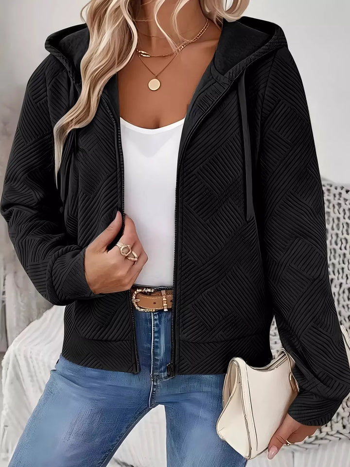 Black Textured zip-up hooded jacket with drawstrings