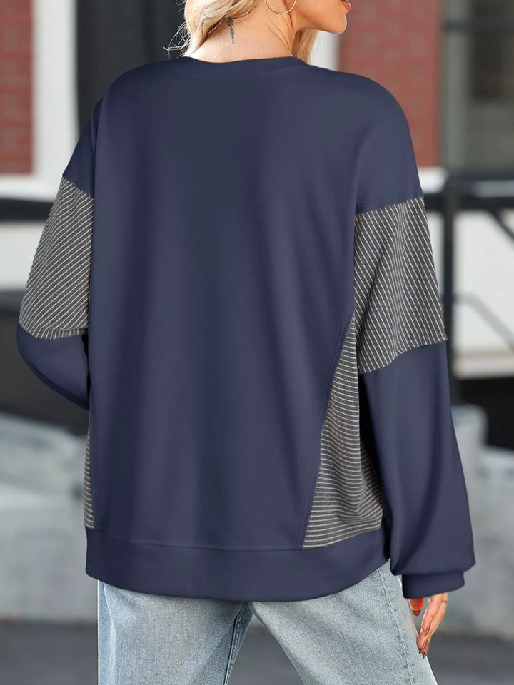 Color-block striped drop-shoulder crew neck sweatshirt