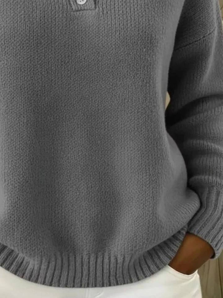 Dropped shoulder polo collar button knit sweater