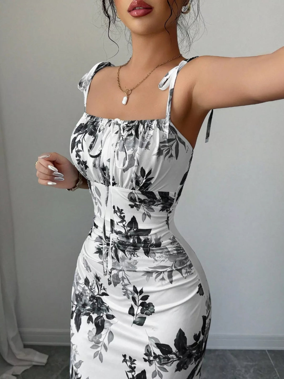 Floral print tie-strap maxi dress with side slit