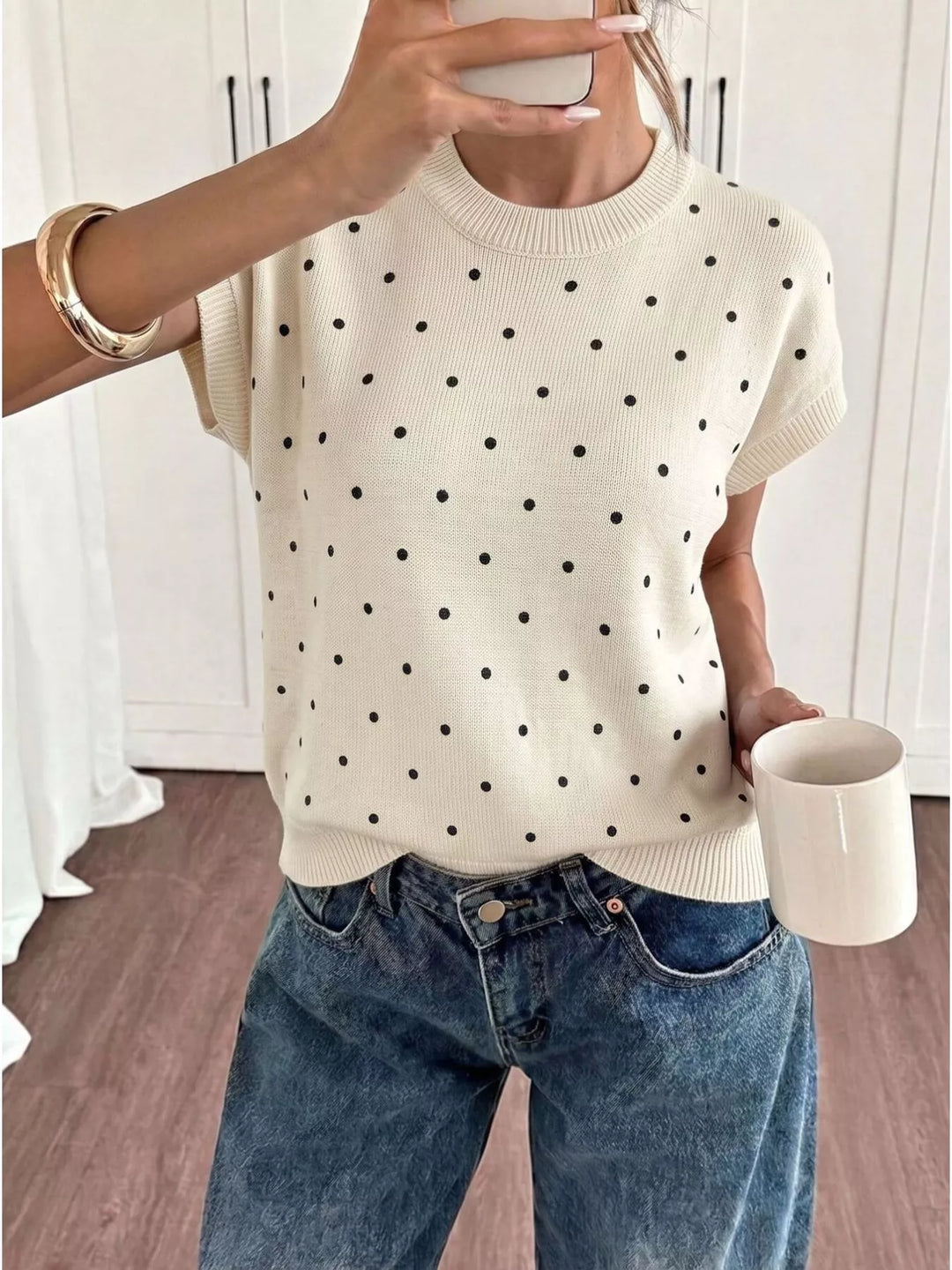 Apricot Polka dot short sleeve knit sweater with ribbed trim