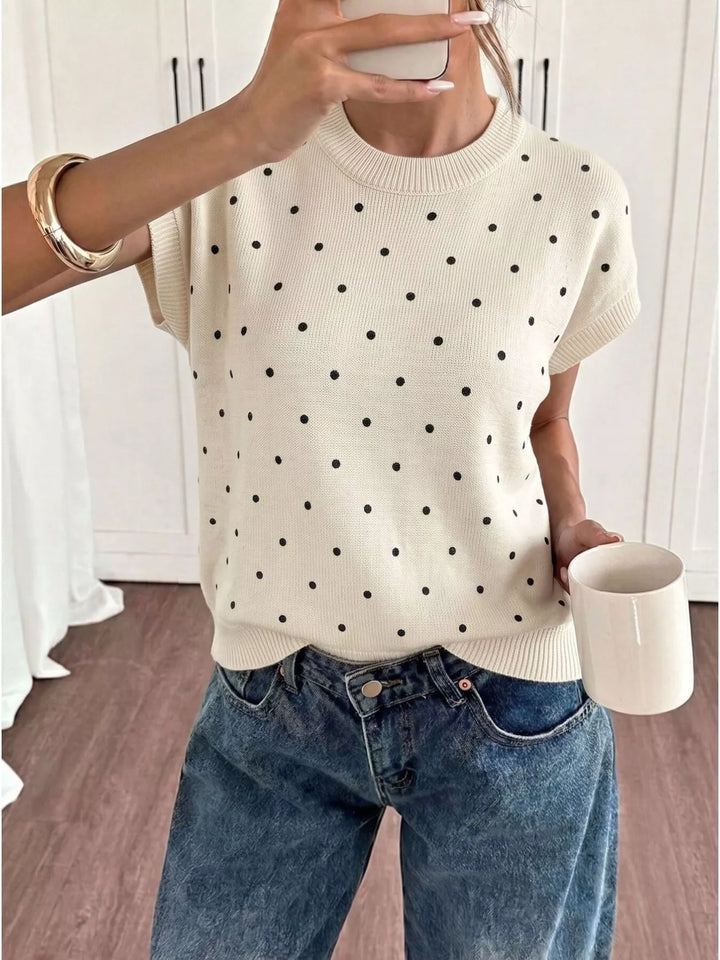 Apricot Polka dot short sleeve knit sweater with ribbed trim