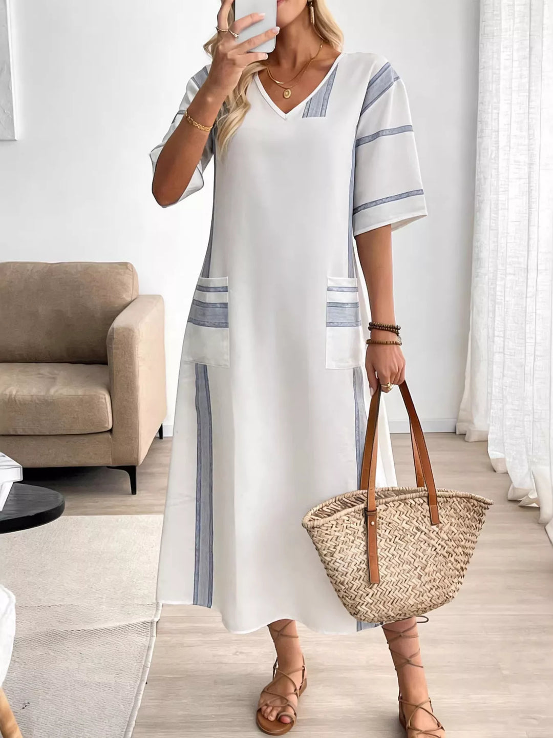 Striped V-neck maxi dress with patch pockets