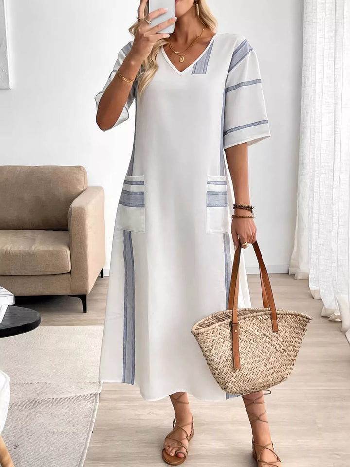 Striped V-neck maxi dress with patch pockets