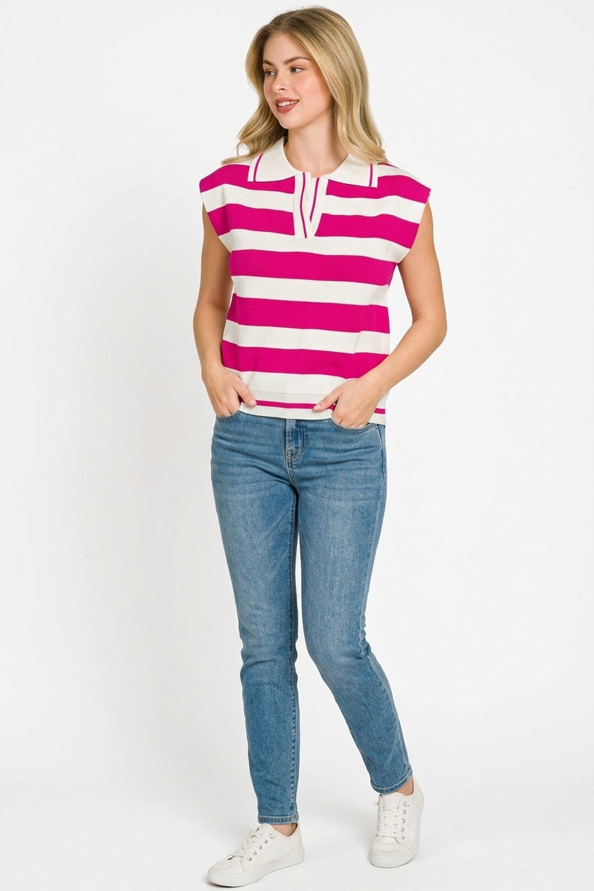 Striped polo collar sleeveless sweater vest