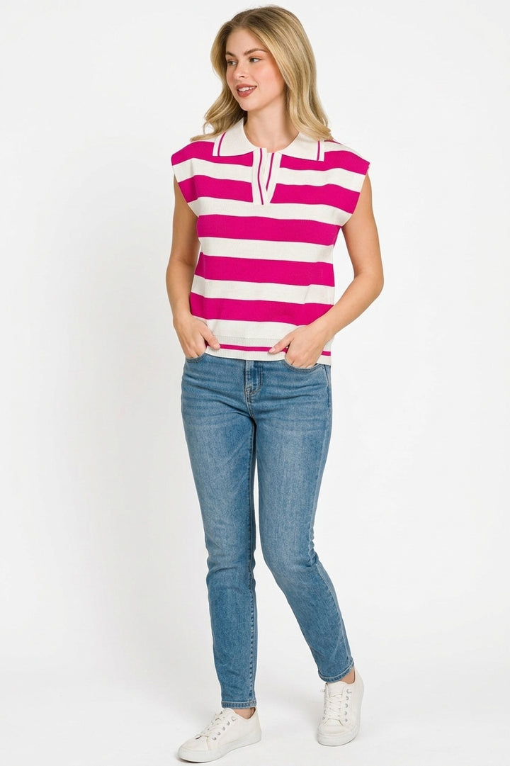 Striped polo collar sleeveless sweater vest