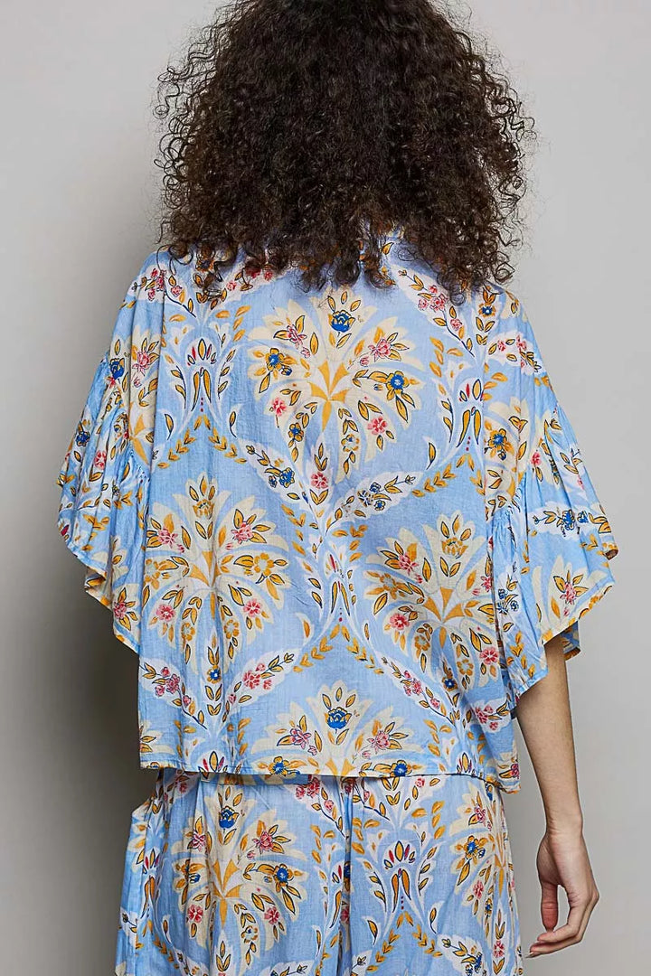 Floral print ruffle sleeve woven button-front top