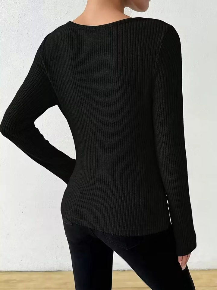 Ruched cowl neck ribbed knit long sleeve top