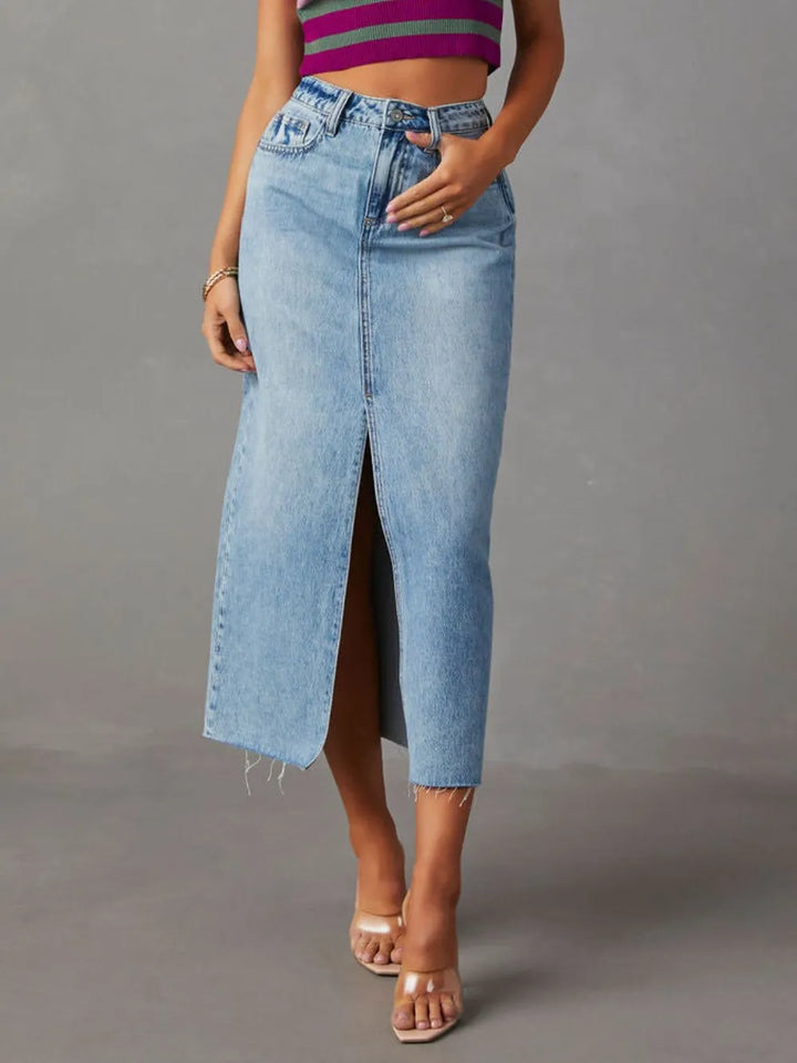 Light High-rise denim midi skirt with raw hem and front slit