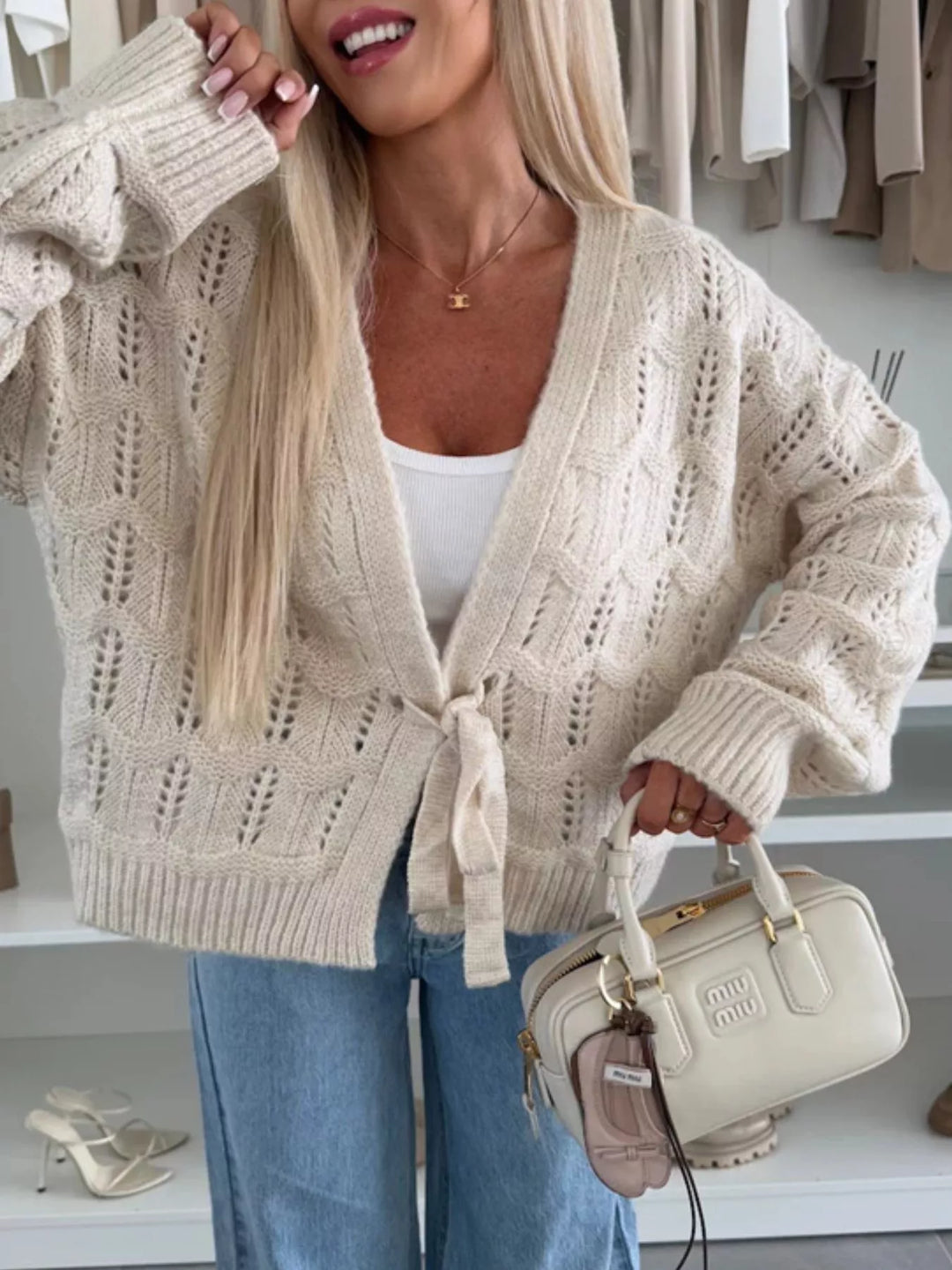 Openwork tie-front cropped knit cardigan
